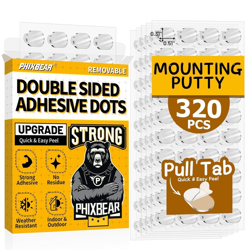 PHIXBEAR Upgraded Removable Mounting Putty with Pull Tab, Double Sided Adhesive Dots, No Trace Tape Sticky Tack Dots for Picture Crafts, 320 Pcs 0.31" x 0.51" - Image 1